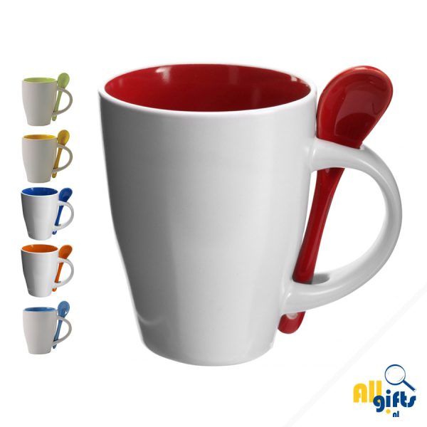 Bedrukte mok + lepel 260 ml.