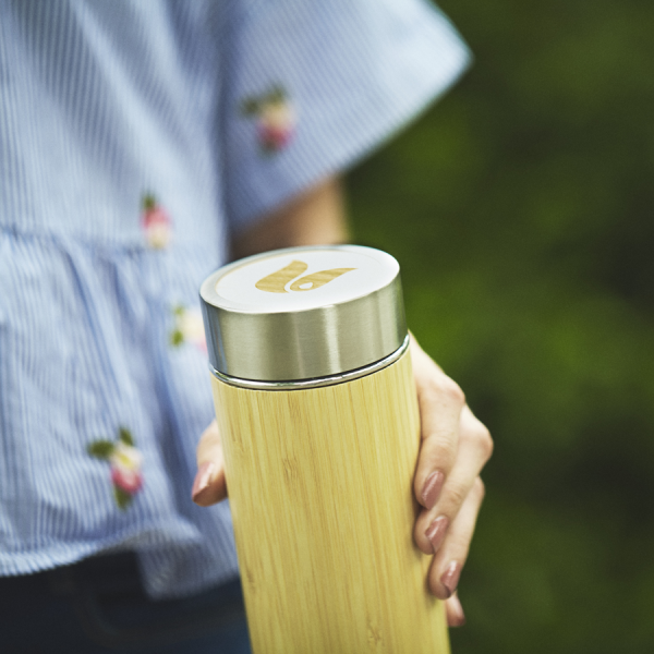 Thermosfles bamboe met bedrukking