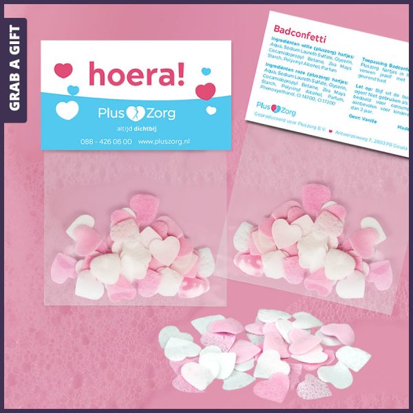 Grab a Gift Relatiegeschenken - Badconfetti in de vorm van hartjes met logo en reclame opdruk op topkaartje