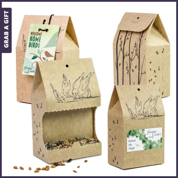 Birdfood-to-go met logo op kaartje