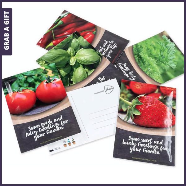 Zaadzakje met zaad voor groentes, kruiden of aardbeien versturen als postkaart